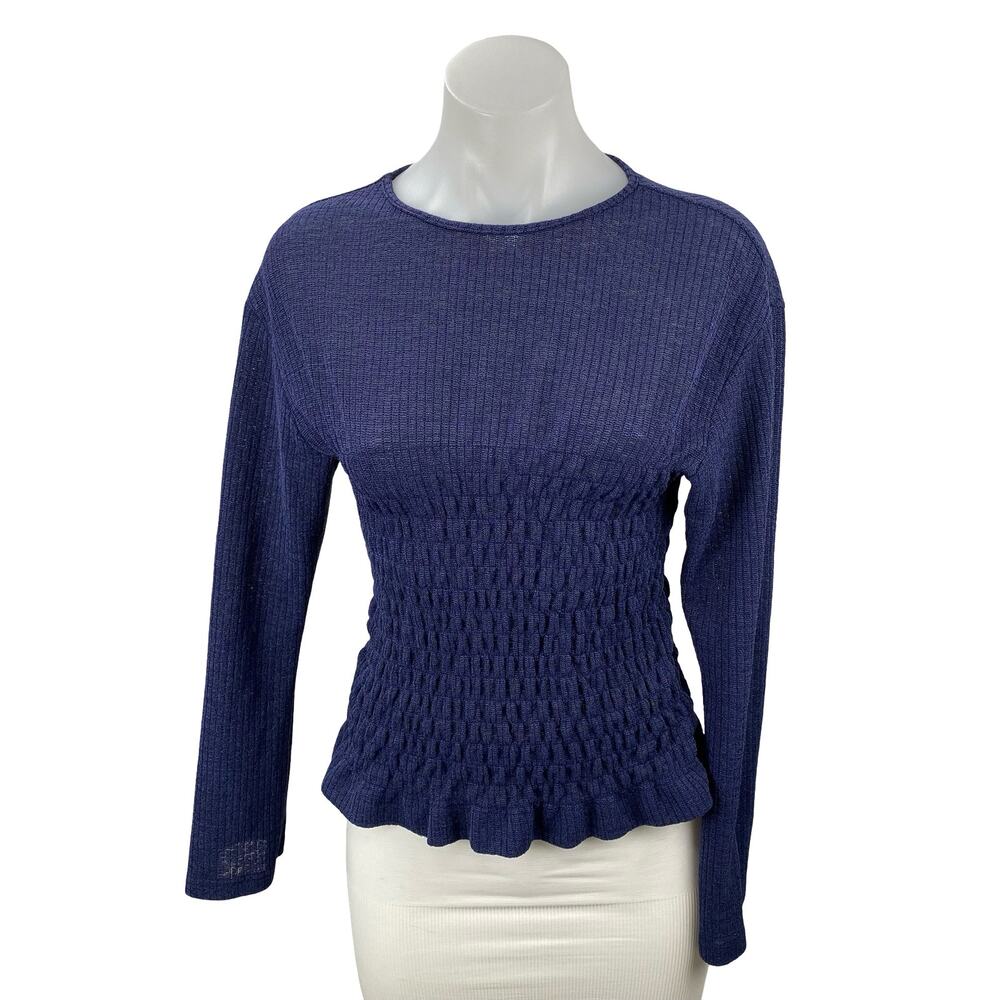 Princess Polly Women's Navy Blue Ribbed Knit Smocked Long Sleeve Sweater Top 2